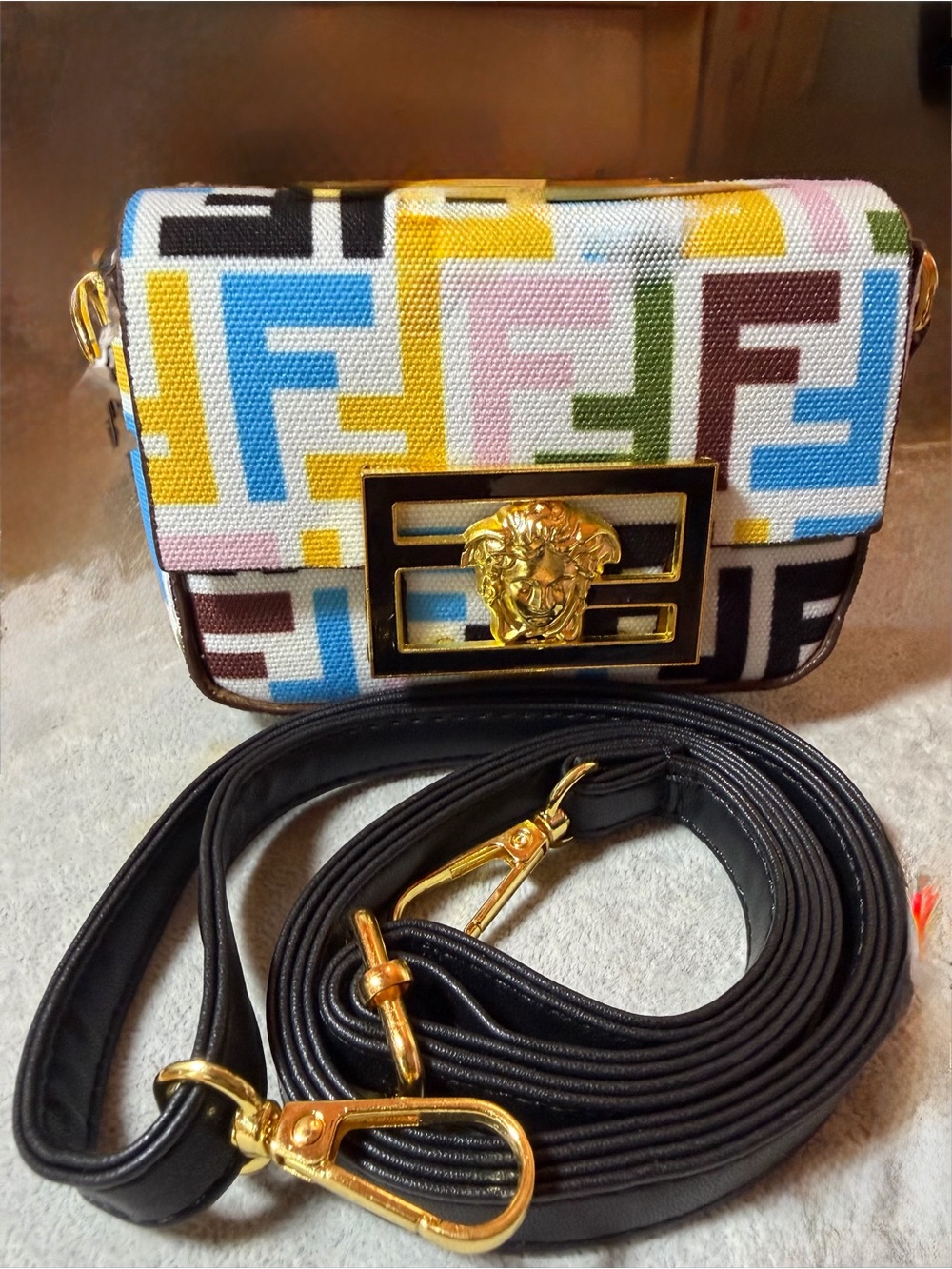 Fendace Multicolor Versace/Fendi Logo Mini Bag with Gold Medusa Accent - Picture 4 of 14